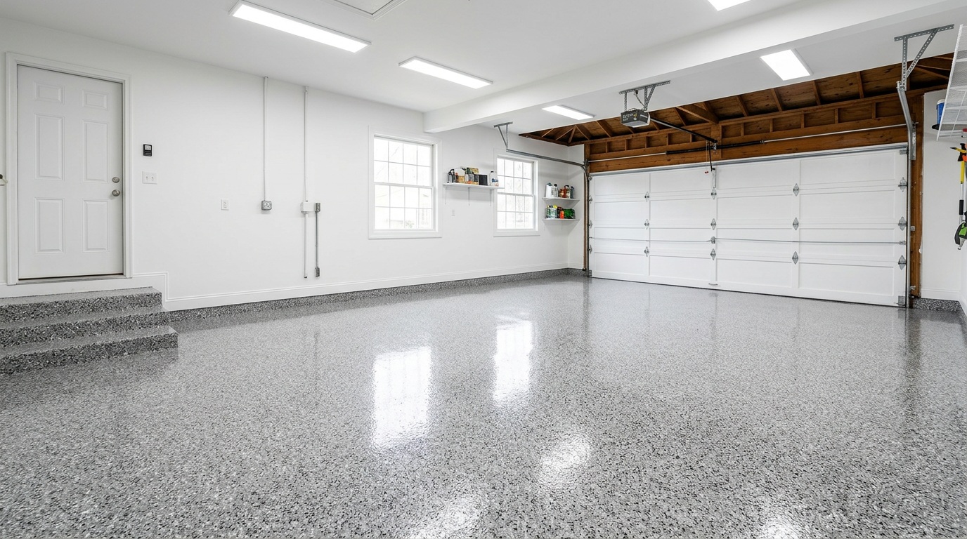 Beautiful new epoxy garage floor after installation