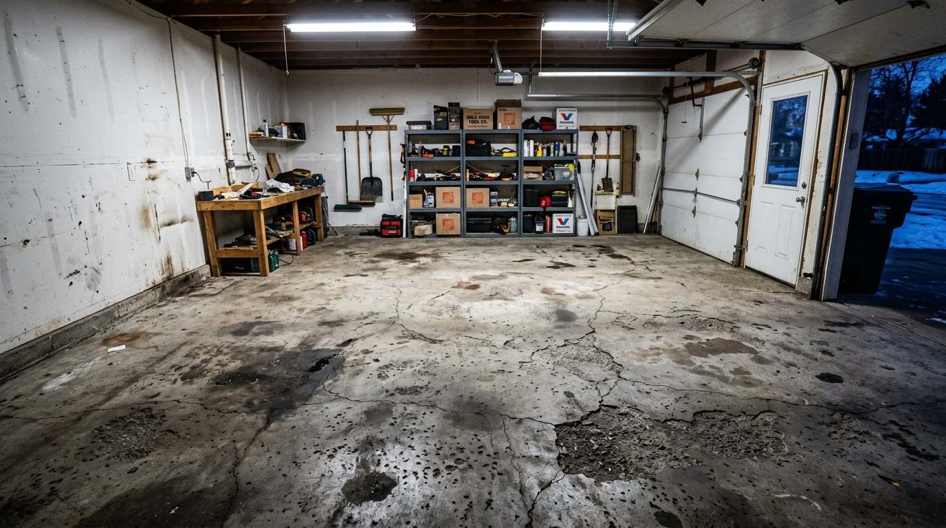 Old cracked garage floor before epoxy